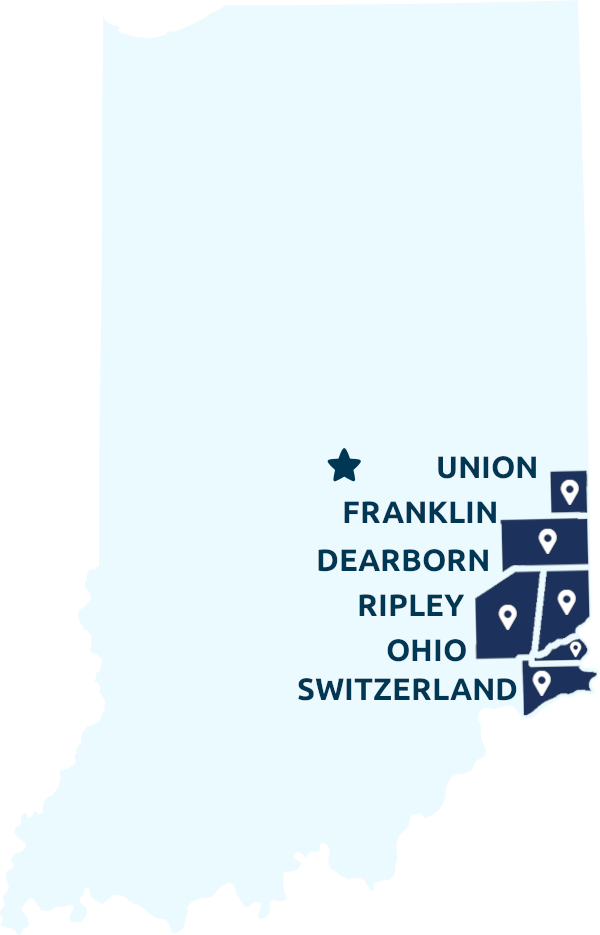 Map of southeastern Indiana showing SIEOC service area — Dearborn, Franklin, Ohio, Ripley, Switzerland and Union counties
